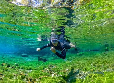 Persona con equipo de buceo en Nascente Azul, dentro del agua, mirando a la cámara.