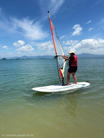 Alumno de pie sobre una tabla de windsurf en aguas poco profundas de Ponta das Canas