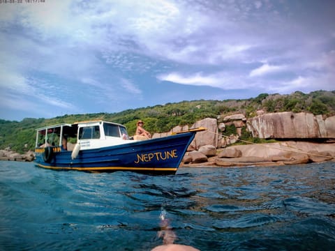 Barco Neptune navegando junto a costão rochoso com vegetação