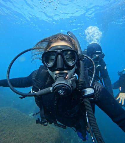 Diver with scuba equipment underwater at Ilha do Xavier