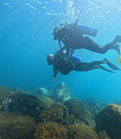 Two divers exploring the seabed at Ilha do Xavier